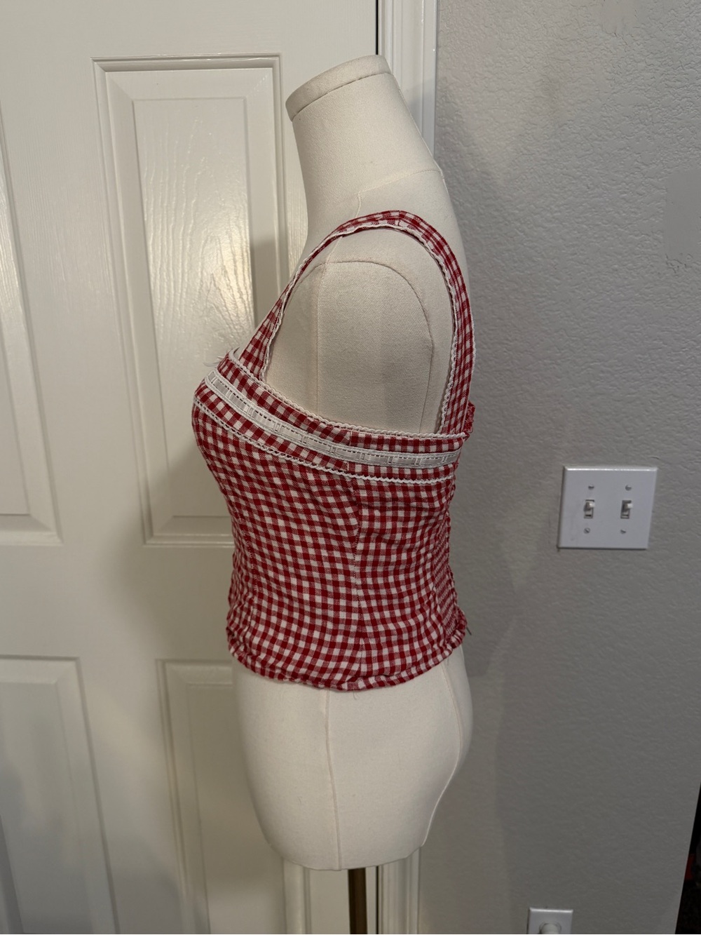 Reformation Red Gingham Lace-Trim Square Neck Crop Top - Picture 3 of 5